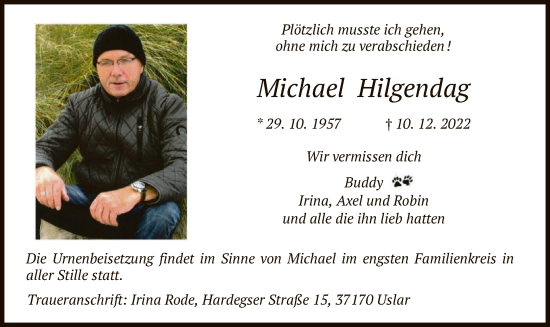 Todesanzeige von Michael Hilgendag von HNA