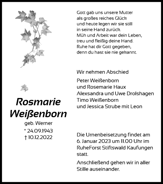 Todesanzeige von Rosmarie Weißenborn von HNA