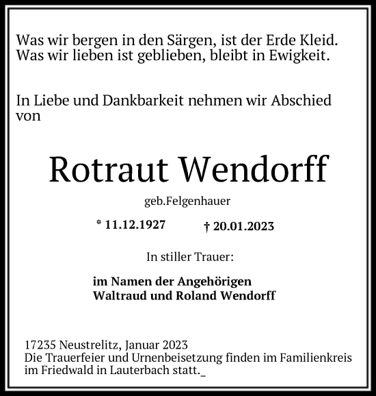 Todesanzeige von Rotraut Wendorff von HNA