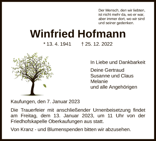 Todesanzeige von Winfried Hofmann von HNA