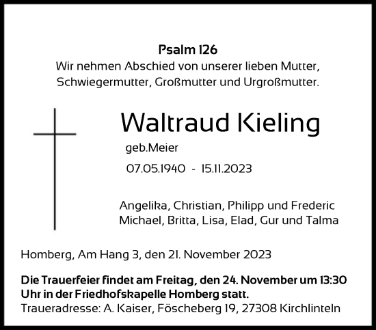 Todesanzeige von Waltraud Kieling von HNA