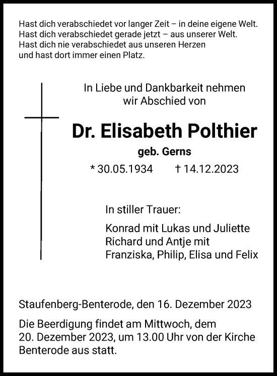 Todesanzeige von Elisabeth Polthier von HNA