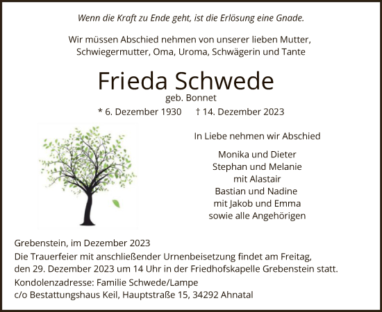 Todesanzeige von Frieda Schwede von HNA