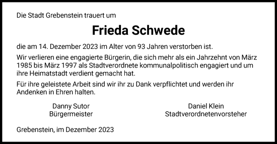 Todesanzeige von Frieda Schwede von HNA