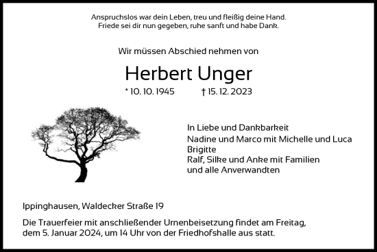 Todesanzeige von Herbert Unger von HNA