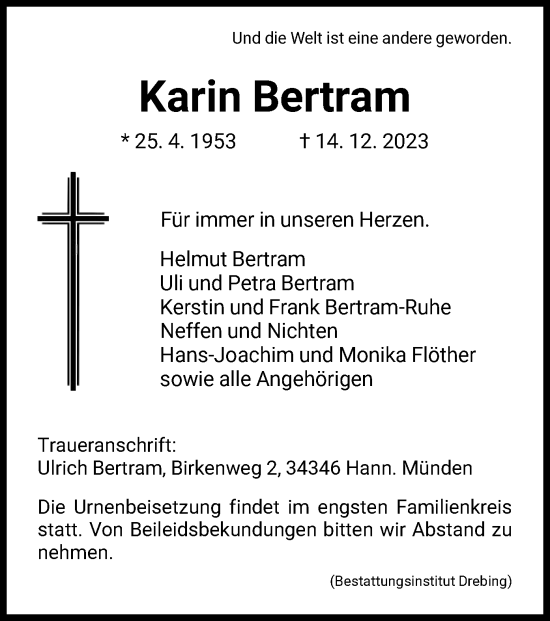 Todesanzeige von Karin Bertram von HNA