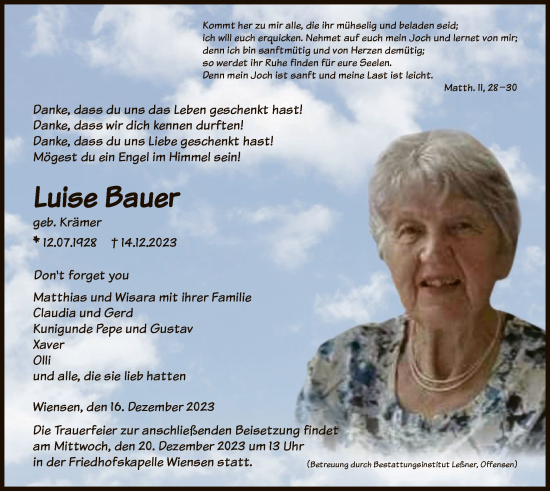 Todesanzeige von Luise Bauer von HNA