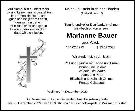 Todesanzeige von Marianne Bauer von HNA