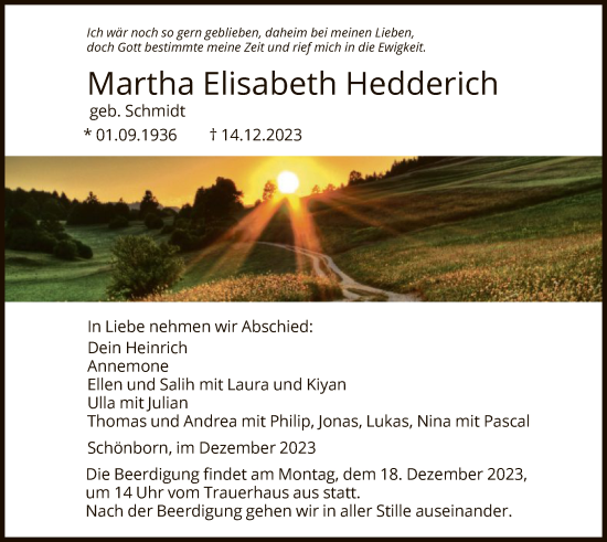 Todesanzeige von Martha  Hedderich von HNA