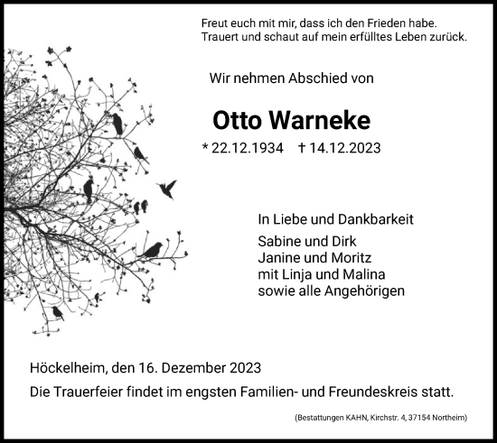 Todesanzeige von Otto Warneke von HNA