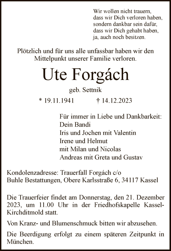 Todesanzeige von Ute Forgach von HNA