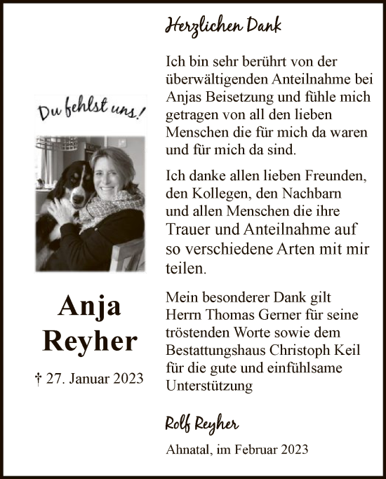 Todesanzeige von Anja Reyher von HNA