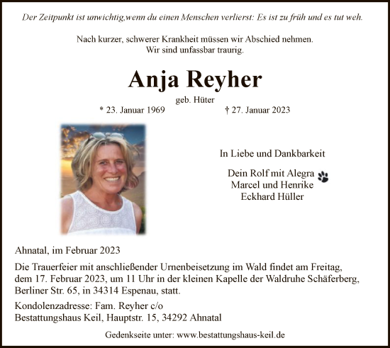 Todesanzeige von Anja Reyher von HNA