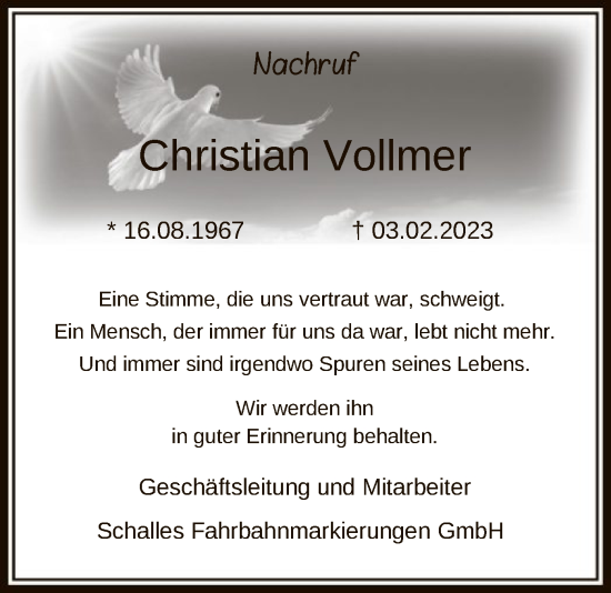 Todesanzeige von Christian Vollmer von HNA