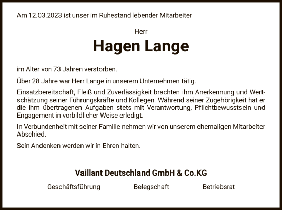 Todesanzeige von Hagen Lange von HNA