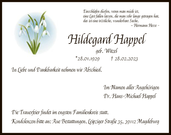 Todesanzeige von Hildegard Happel von HNA