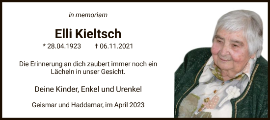 Todesanzeige von Elli Kieltsch von HNA