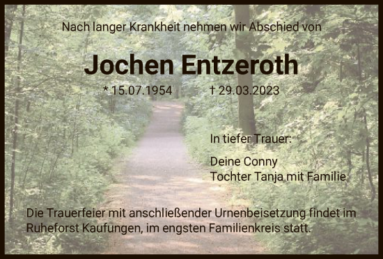 Todesanzeige von Jochen Entzeroth von HNA