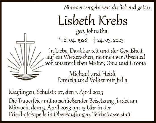 Todesanzeige von Lisbeth Krebs von HNA