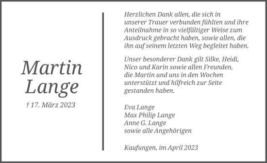 Todesanzeige von Martin Lange von HNA