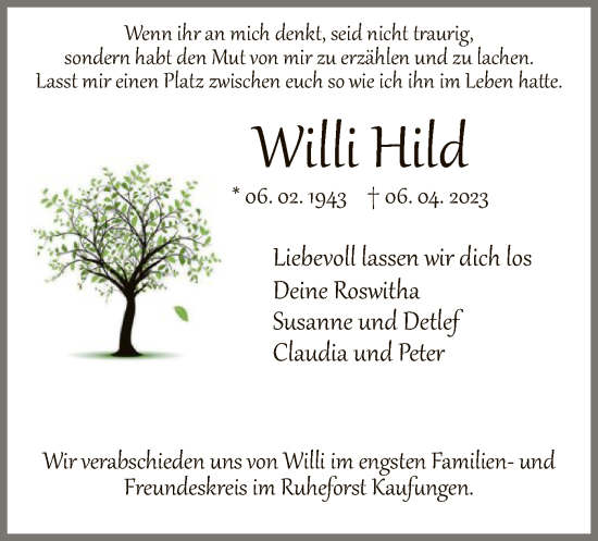 Todesanzeige von Willi Hid von HNA