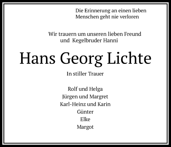 Todesanzeige von Hans Georg Lichte von HNA