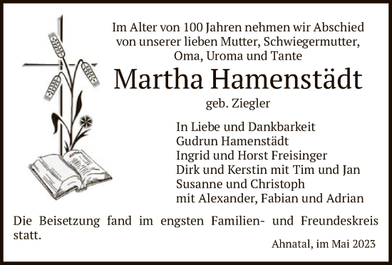 Todesanzeige von Martha Hamenstädt von HNA