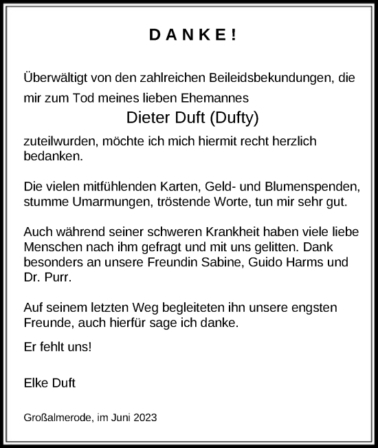 Todesanzeige von Dieter Duft von HNA