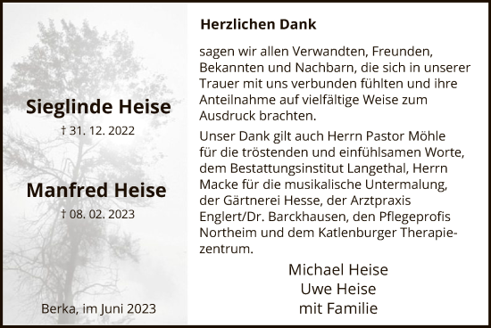 Todesanzeige von Sieglinde und Manfred Heise von HNA