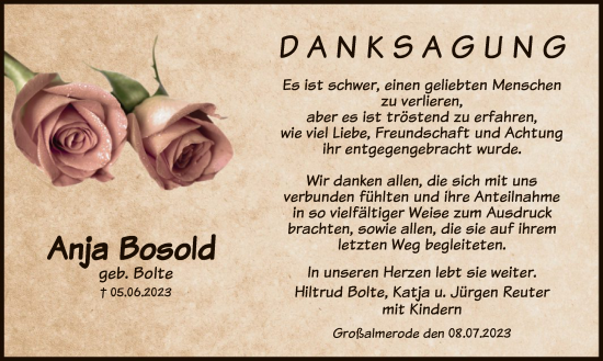 Todesanzeige von Anja Bosold von HNA