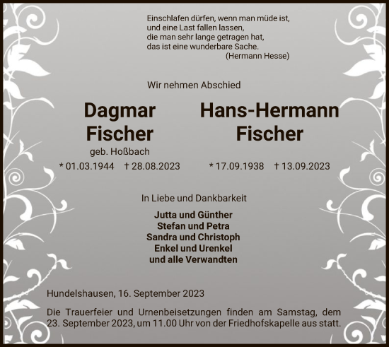 Todesanzeige von Dagmar und Hans-Hermann Fischer von HNA