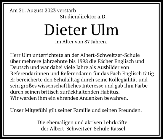 Todesanzeige von Dieter Ulm von HNA