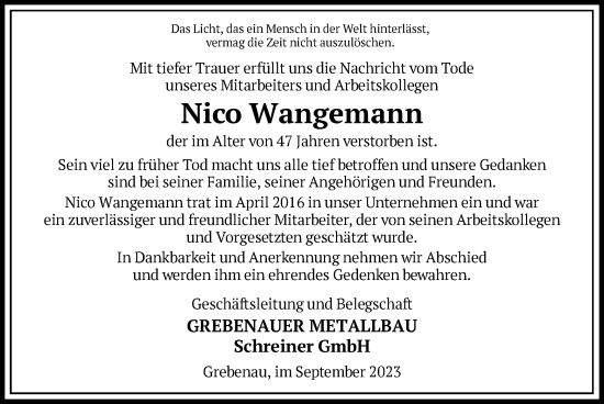 Todesanzeige von Nico Wangemann von HNA