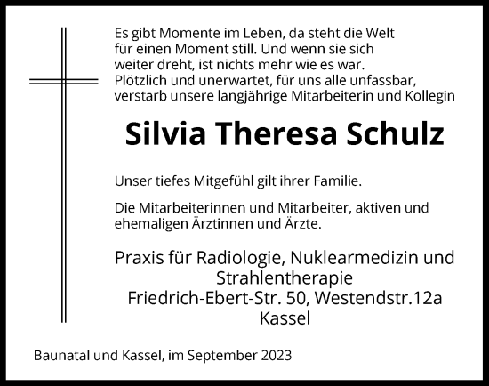 Todesanzeige von Silvia Theresa Schulz von HNA