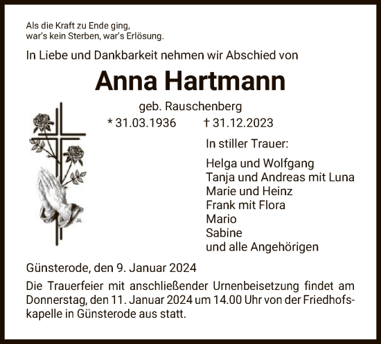 Todesanzeige von Anna Hartmann von HNA