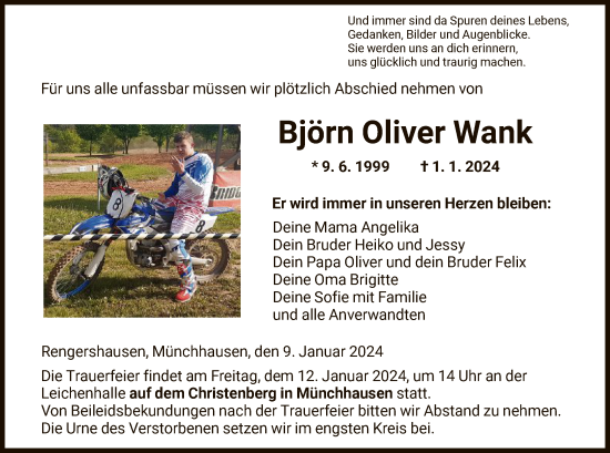 Todesanzeige von Björn Oliver Wank von HNA