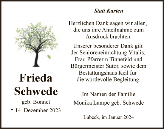 Todesanzeige von Frieda Schwede von HNA