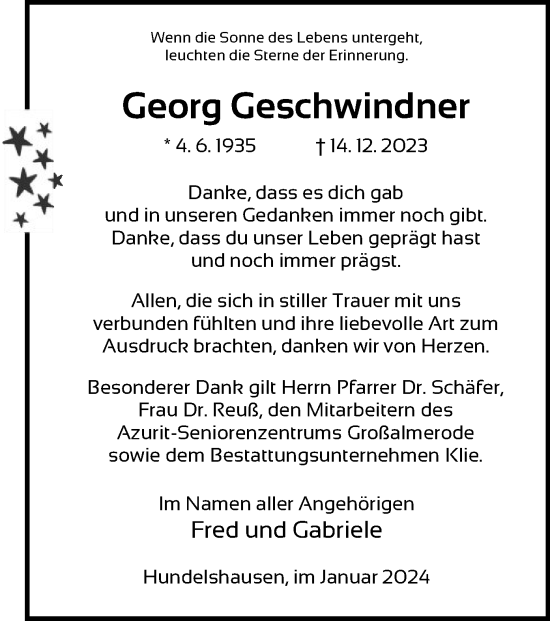 Todesanzeige von Georg Geschwindner von HNA