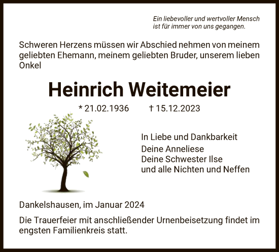 Todesanzeige von Heinrich Weitemeier von HNA