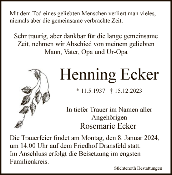 Todesanzeige von Henning Ecker von HNA