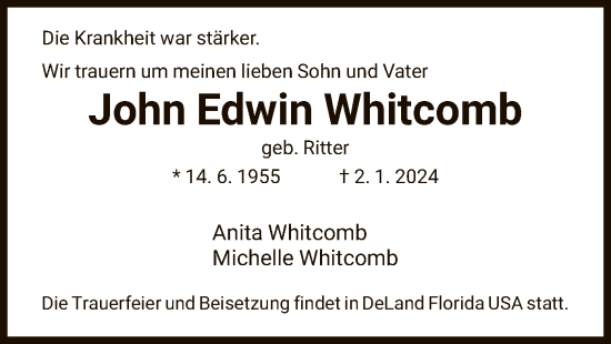 Todesanzeige von John Edwin Whitcomb von HNA