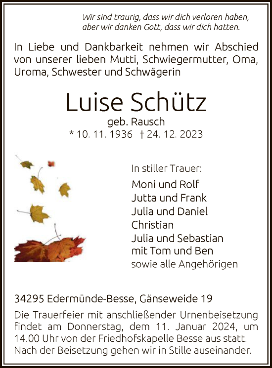 Todesanzeige von Luise Schütz von HNA