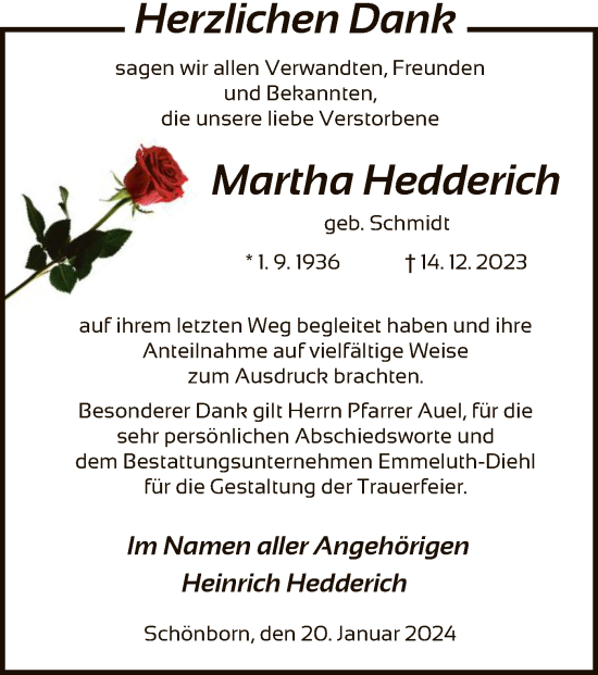 Todesanzeige von Martha  Hedderich von HNA