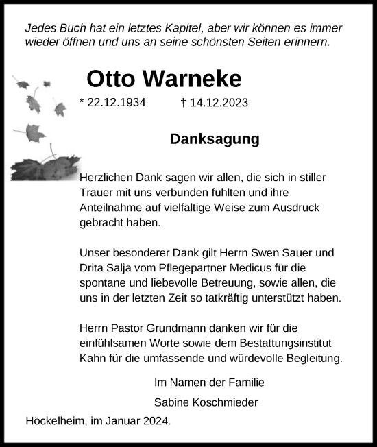 Todesanzeige von Otto Warneke von HNA