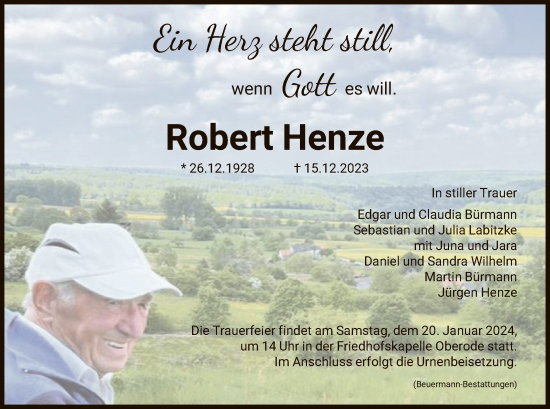 Todesanzeige von Robert Henze von HNA