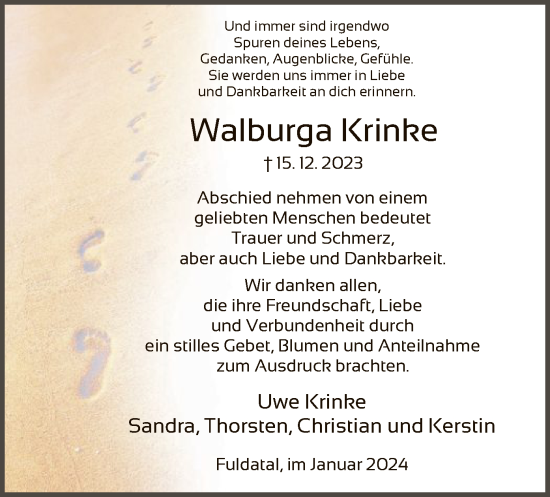 Todesanzeige von Walburga Krinke von HNA