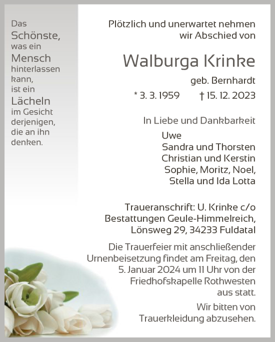 Todesanzeige von Walburga Krinke von HNA