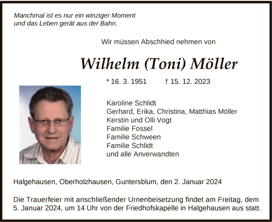 Todesanzeige von Wilhelm Möller von HNA