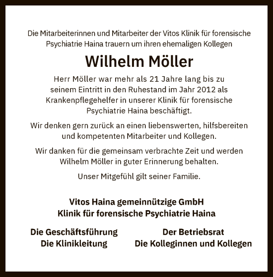 Todesanzeige von Wilhelm Möller von HNA