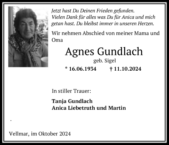 Todesanzeige von Agnes Gundlach von HNAHNA